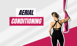Aerial Conditioning online course cover featuring an instructor holding a red hammock with visible back muscles