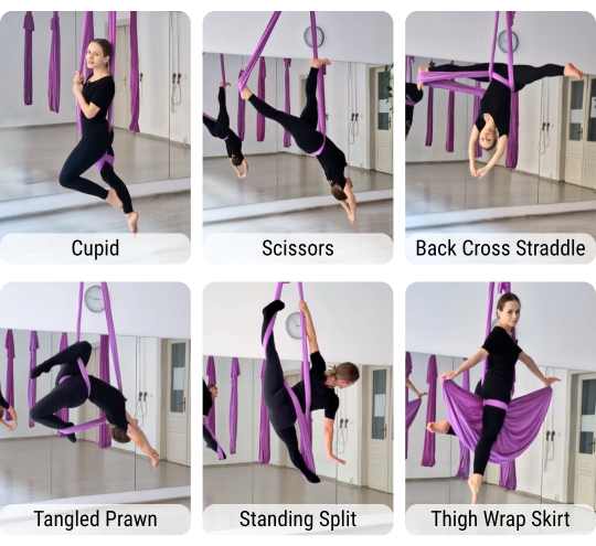 Aerial hammock positions taught in Aerial Dance LVL 1 online course by Klaudia Hennig from Aerial Joy Studio