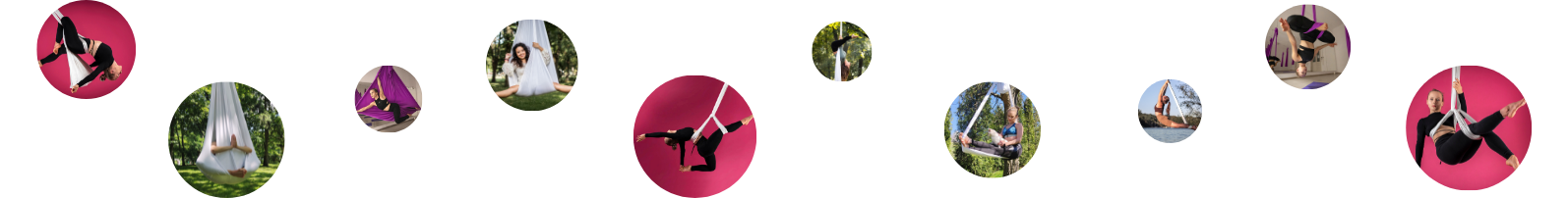 A row of circular images showing various aerial hammock poses and outdoor practice