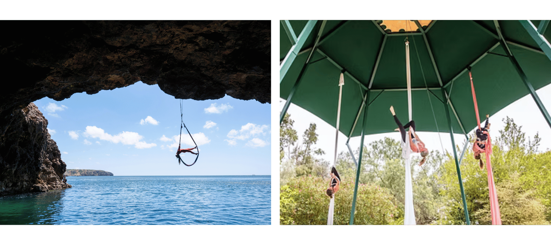 Covered open-air aerial hammock training rig and an aerial setup inside a coastal ocean cave in Lagos Portugal