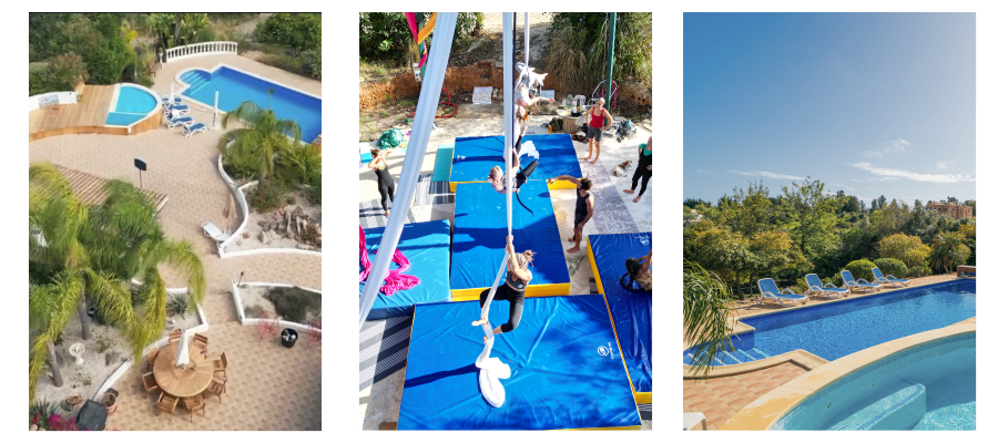 Overview of House of Honey venue with swimming pool, open air aerial hammock training space, and nature view in Portugal