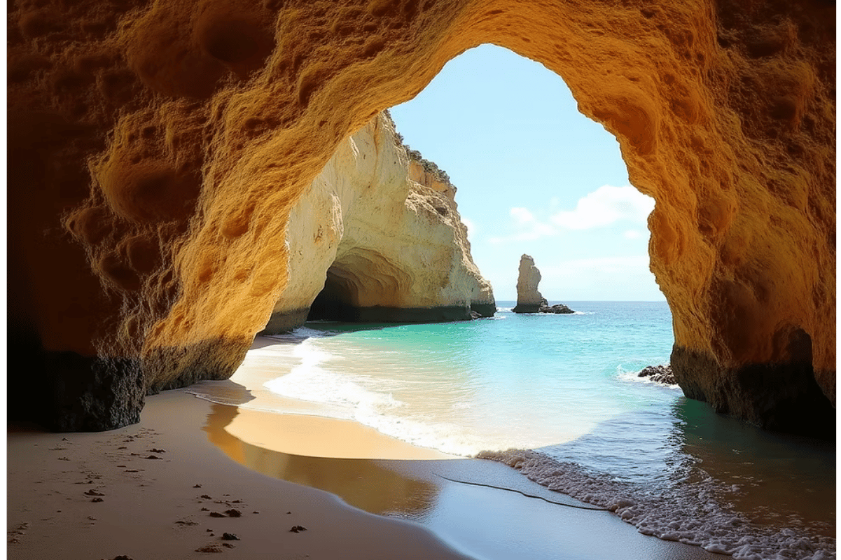 Beautiful secret beach hidden inside a sea cave on the Lagos Algarve coast Portugal with turquoise water