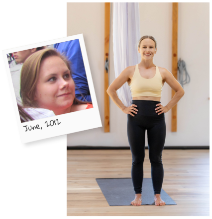 Klaudia Hennig standing in an aerial yoga studio next to an inset photo from 2012