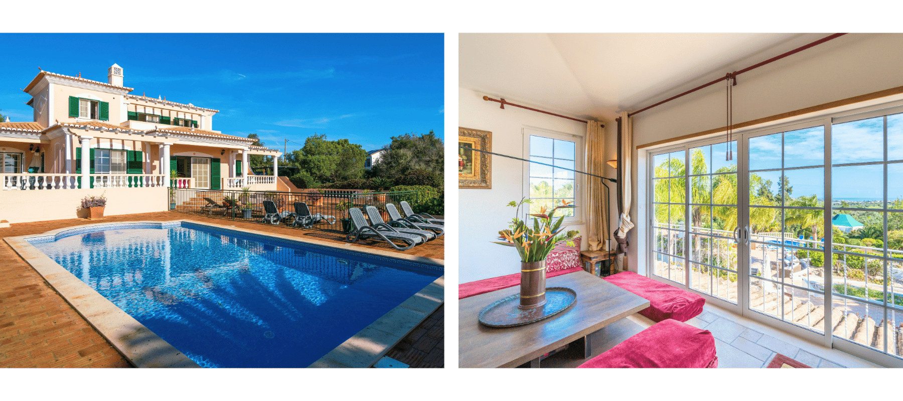 Luxury private villa with outdoor swimming pool and sun loungers under blue sky in Lagos Portugal