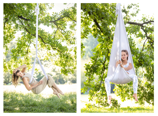 Aerial hammock session in nature during aerial retreat in Portugal