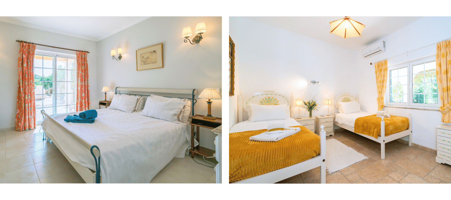 Spacious private double room and cozy shared twin room interiors at retreat villa in Lagos Portugal